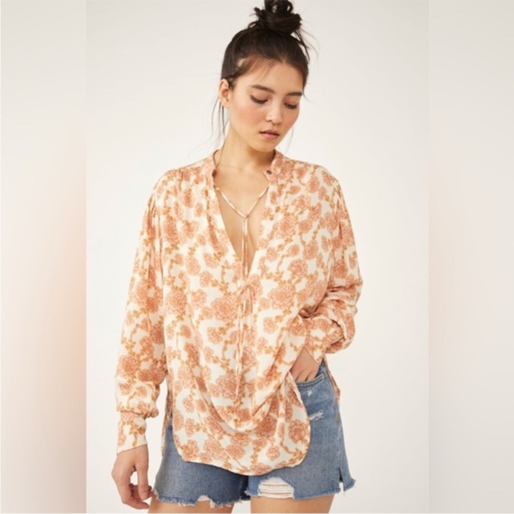 Free People Mia Floral Tie Neck Tunic Blouse Peach Cream Top Size S